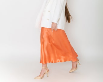 Luxurious 100% natural Silk Satin Peach Skirt A-line. Chic Silk Satin Skirt, Silky Smooth Skirt.Silk Satin Skirt in peach color.