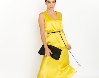 Luxurious 100% Silk Satin yellow outfit (silk suit).  Chic Silk Satin Suit, silk satin yellow midi skirt A-line and double layer yellow top