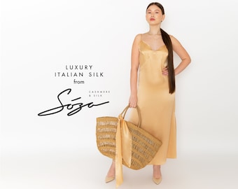 Luxurious 100% silk satin midi or midi+ dress in light gold color, midi length dress, Prom dress, Elegant  evening silk dress