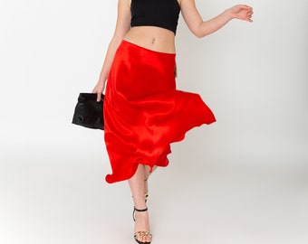 Luxurious 100% natural Silk Satin red Skirt A-line. Chic Silk Satin Skirt, Silky Smooth Skirt.Silk Satin Pearl Skirt in red color.