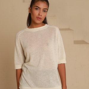 lite 100% Cashmere T-SHIRT, Women's crew neck T-shirt in white color, Elegant, Unique Hand Minimal Knitted image 4