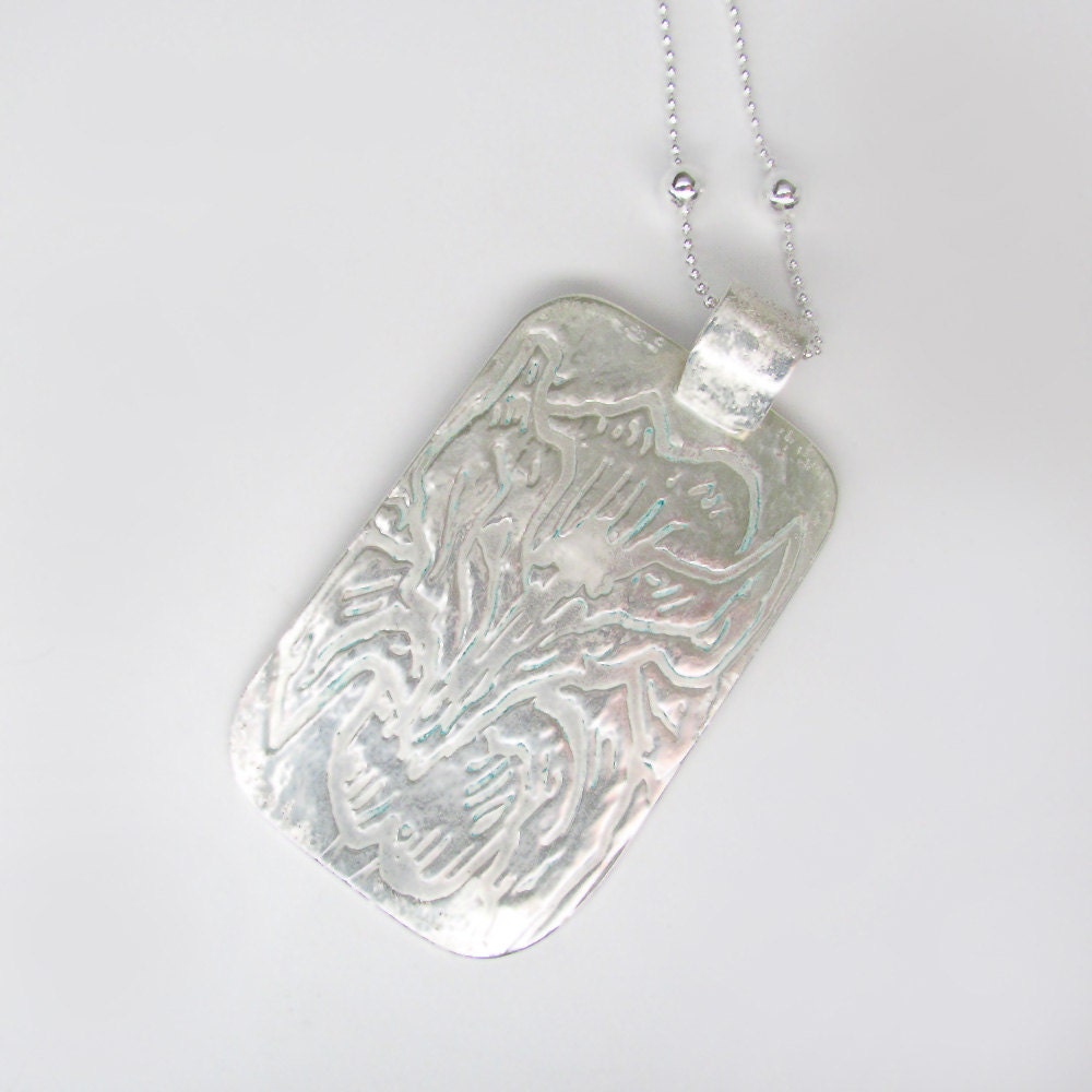 Silver and blue topiary necklace Salt Water Etched Topiaries in Patinaed Sterling Silver by simonebijoux OOAK large rectangular pendant