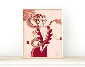 2024 Year of the Dragon Lunar New Year Fashion Illustration Wall Art Print, Chinese New Year Art, Fashion Art, Chic Home or Office Decor