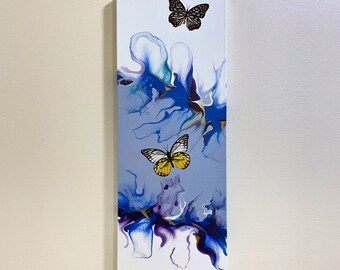 Butterflies and Blues - Mixed Media Fluid Painting on Stretched Canvas