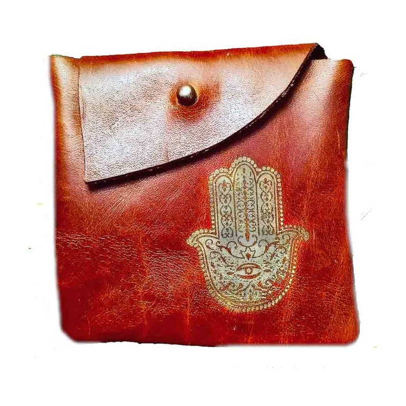 brown leather pouch with hamza print