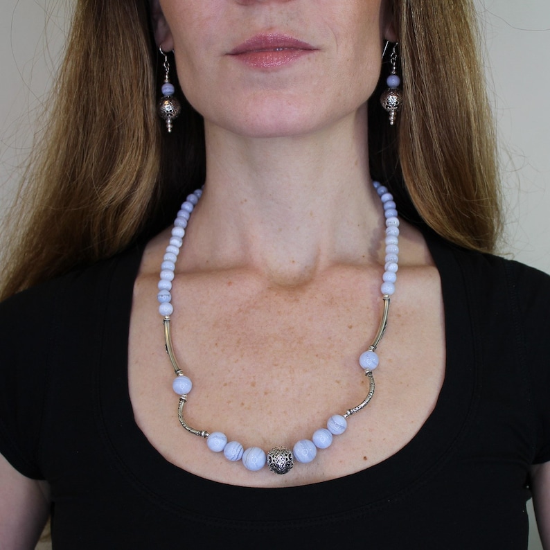 and Hill Tribe Silver Beaded Necklace; Unique Handmade Lace Agate Necklace Bali Silver Unique Handmade Blue Lace Agate