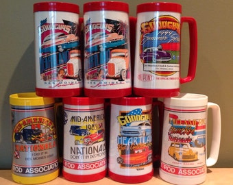 Vintage 1980s/90s set of seven Hot Rod Cars plastic beer mugs including three from the Mid-America Street Rod Nationals and four from the Go