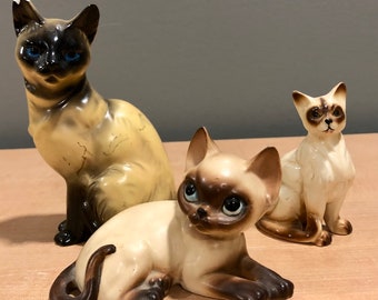 Vintage, Lot of 3, Collectible, Decorative, Ceramic Cat, Dog, Figurine. Mismatched set includes 1) largest cat measures approximately 5 1/2