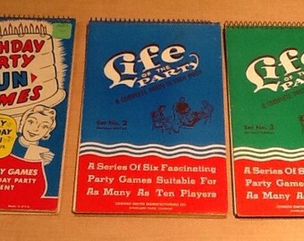 Vintage 1950's lot of three Party Games spiral notebooks. By Edward Smith MFG Co. In Highland Park, IL. Book 1-"Birthday Party Fun Games" 3