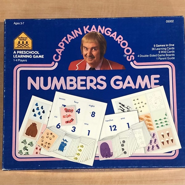 Vintage 1987, Captain Kangaroo’s Numbers Game, a Preschool Learning Game by School Zone Publishing Company. 5 games in one. Ages 3-7, 1-4 Pl