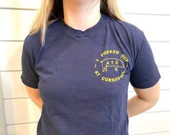 Vintage 1979, Large 42-44, Alpha Tau Omega, ATO, “I Porked Out at Cornjigger” “Jigger ‘79” Collectible Commemorative Souvenir T-Shirt. Great