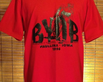 Vintage 1996 Large "BYOB" Bring Your Own Bike souvenir t-shirt. Bicycling event held in Paullina, Iowa. Great red color, Jerzees brand shirt