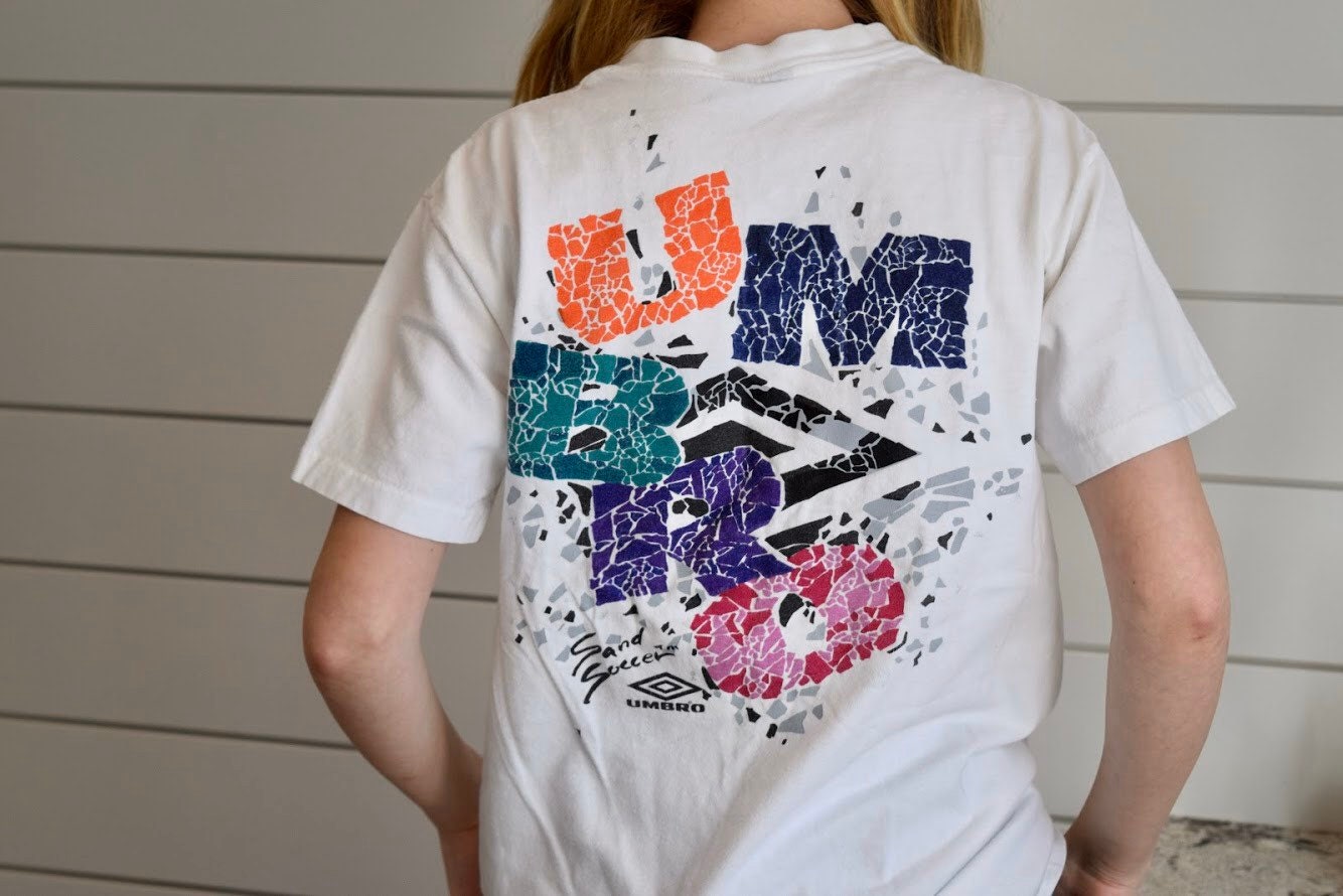 Vintage Small UMBRO Sand Soccer Beach T shirt. Terrific Colorful