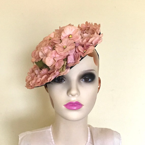 1930s-40’s, halo hat, miniature tilt hat, flower c