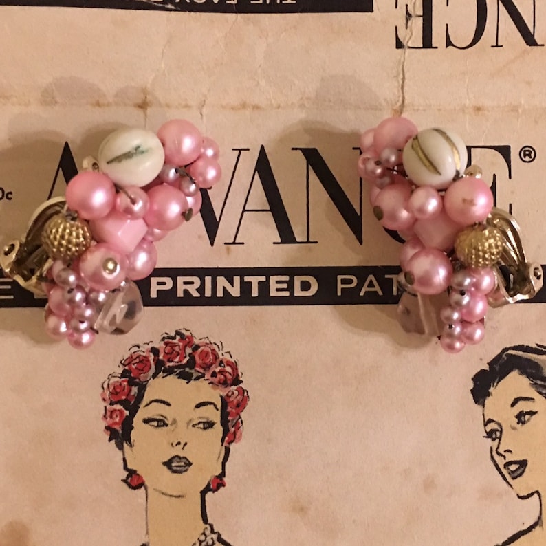 Multi-Strand Necklace and Matching Clip Earrings Sweet as Candy Pink Vintage 1950s-60s