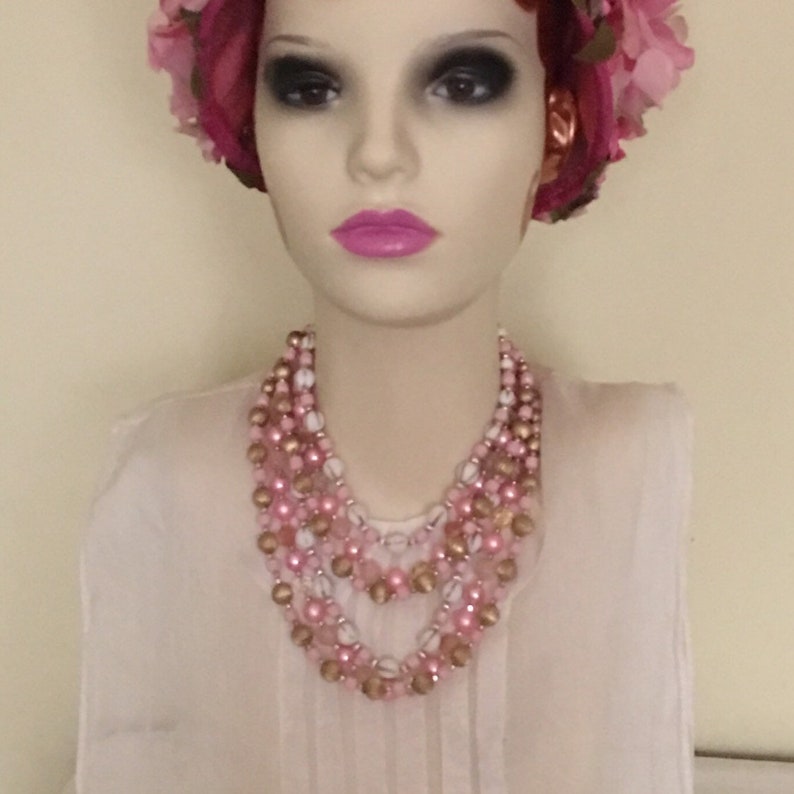 Multi-Strand Necklace and Matching Clip Earrings Sweet as Candy Pink Vintage 1950s-60s