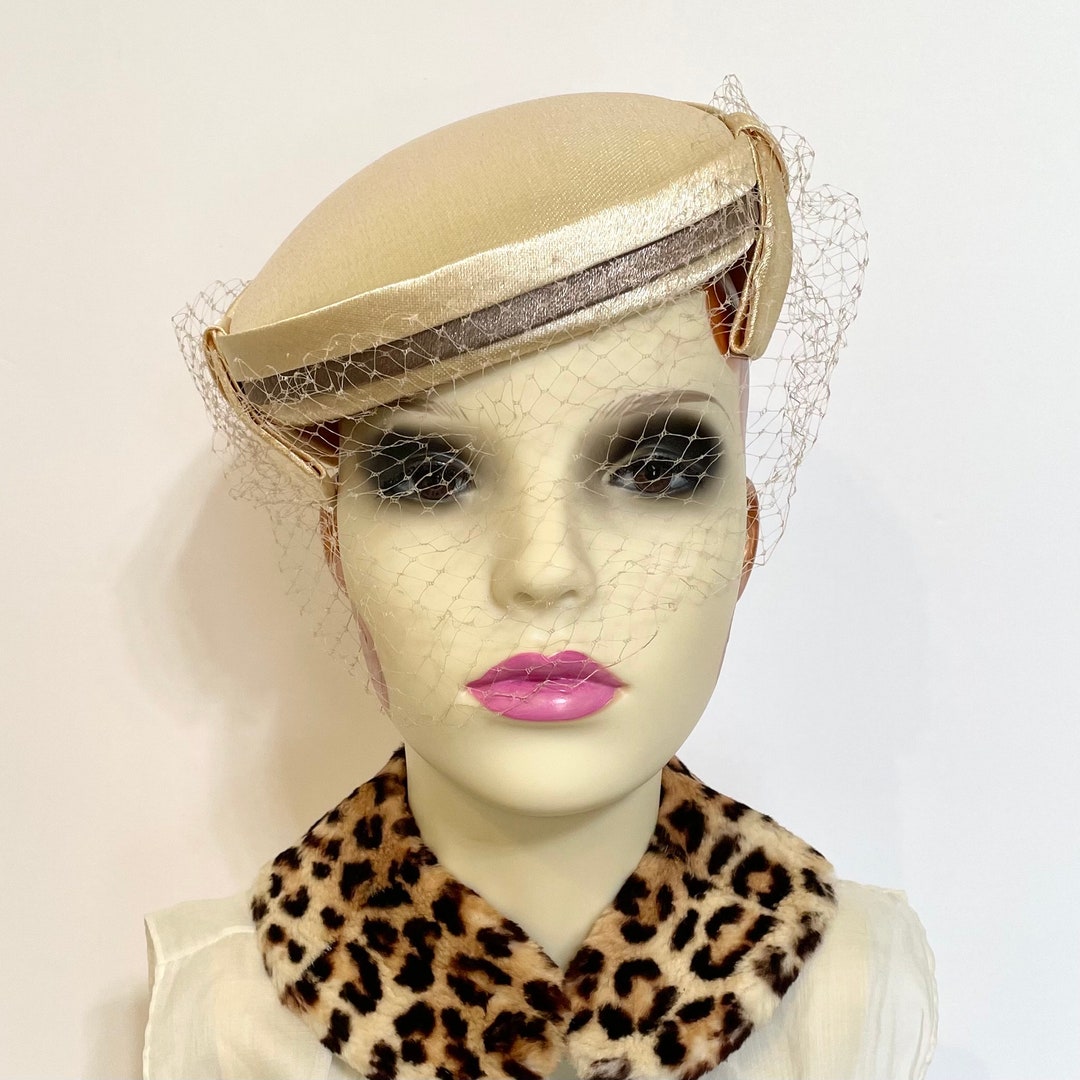 UNWORN, Champagne Beige & Chocolate Silk Satin Cocktail or Dinner Hat