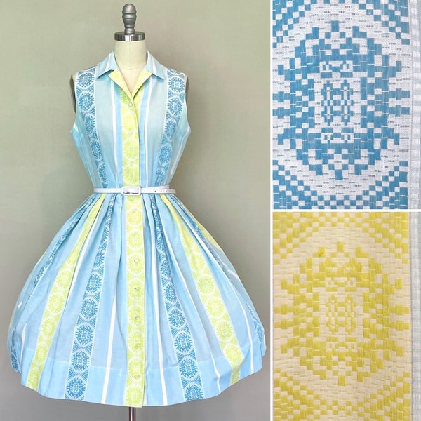 B-36, 1960s shirtdress, woven stripe cotton day dress, Patio dress, blue and citrine shirt dress, sleeveless summer dress