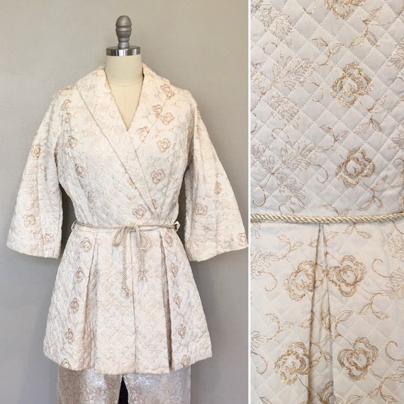 1940s quilted lounging hostess jacket, gold Mylar