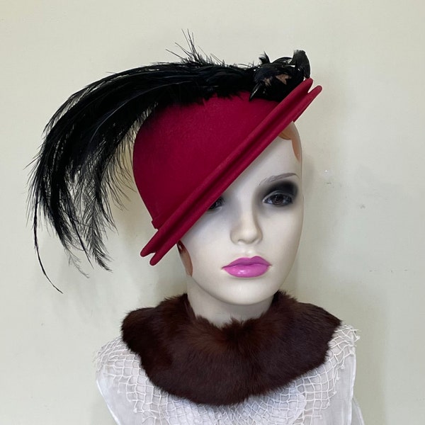 1940s red hat, double brim percher tilt hat with feathers and faux bird,