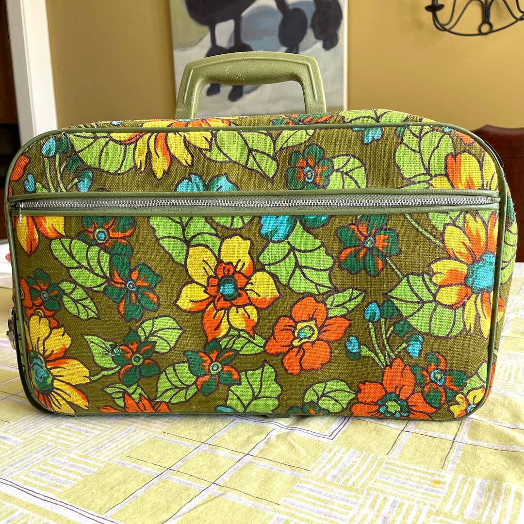 1960s-soft-side-fabric-suitcase-green-orange-floral-canvas-vinyl