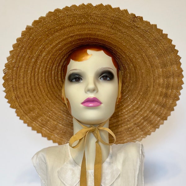 Sombrero de playa de 17 "1940s 1950s, sombrero de paja natural ancho con corbata de grosgrain dorada original, sombrero de sol de verano, para mujeres
