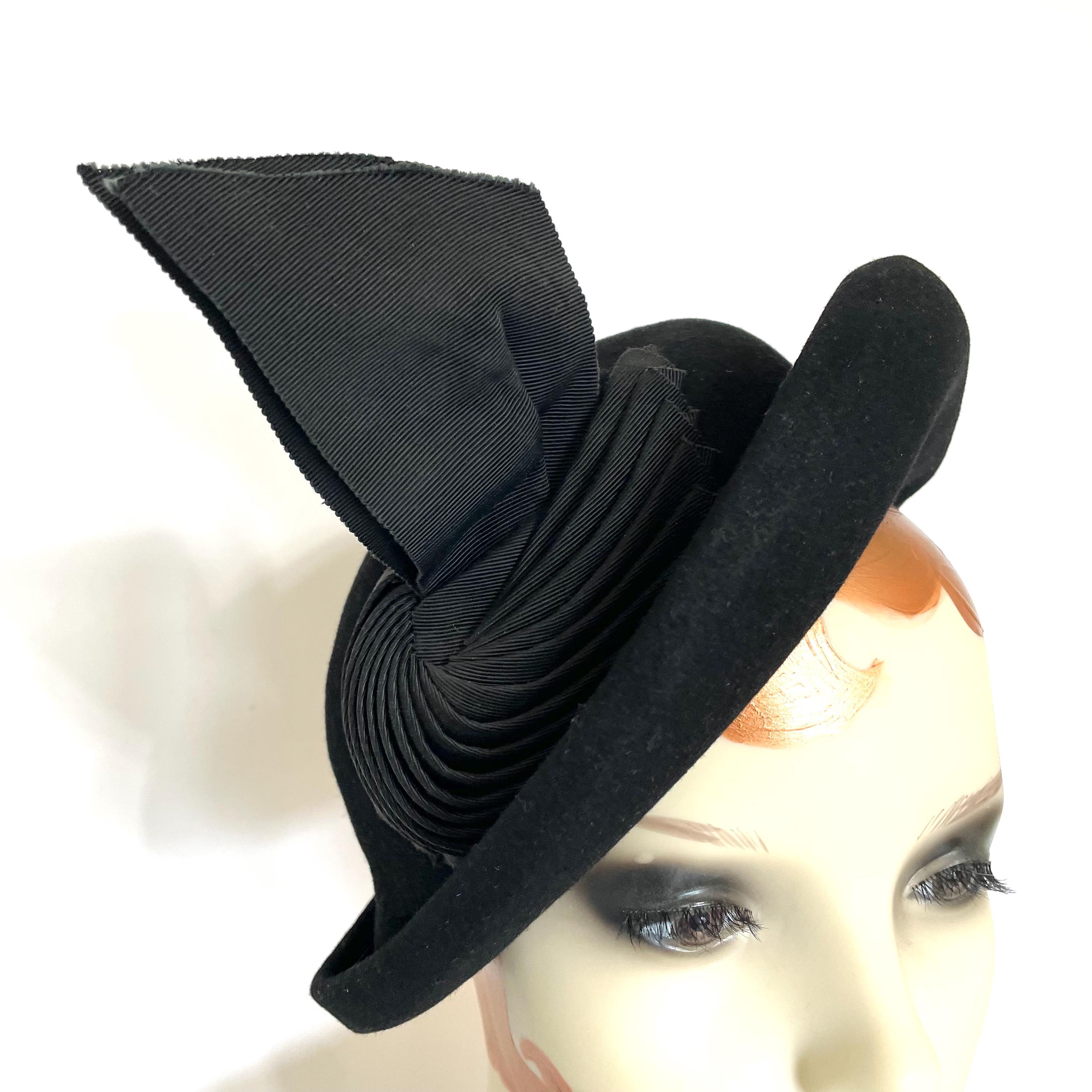 1930s black straw tilt hat with horse hair bow silk velvet band 1930s-black-pink-wide-brim-hat  main image 2