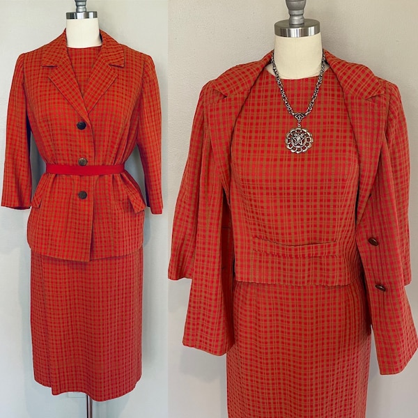 W-27, 1960s 3 piece suit, plaid seersucker red & camel, lightweight, skirt, top, jacket, Cupaoli of Dallas