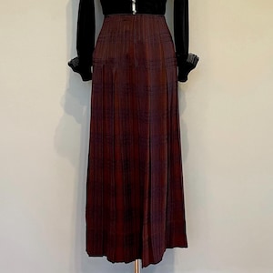 34 W, Edwardian skirt, 1915 walking skirt, WWI daywear, rayon plaid, pleated skirt, maxi, XL, Victorian