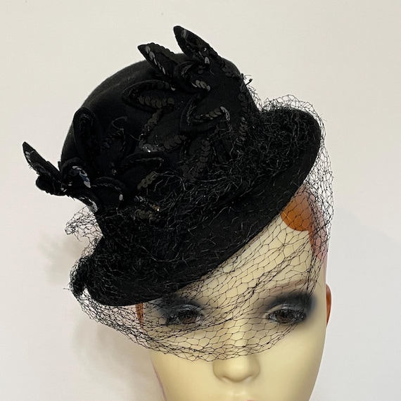 1930s 1940s Black Equestrian Top Hat; Veil & Sequins - Etsy display picture 2