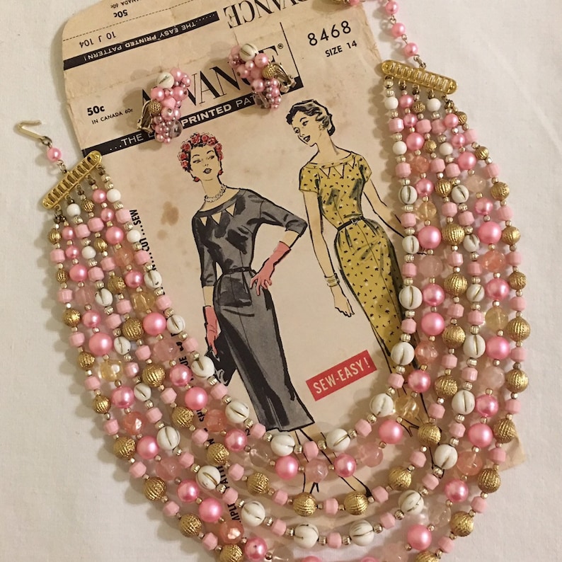 Multi-Strand Necklace and Matching Clip Earrings Sweet as Candy Pink Vintage 1950s-60s