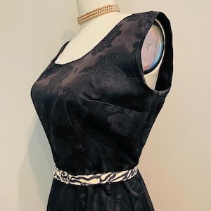 1950s 1960s sheath dress, cocktail, special occasion, black jacquard, wiggle dress, large