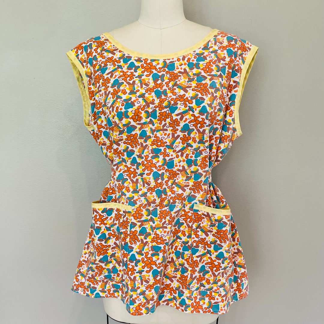 Smock Patch M-L 1950s Smock Apron, Patch Pockets, Novelty Print Fabric, Fiesta ...