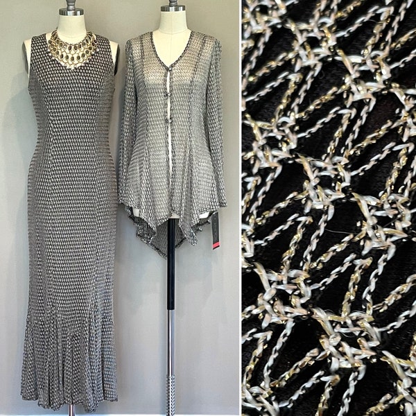 Sz 8, UNWORN 1990s knit metallic special occasion evening dress & jacket, silver, black, gold, Onyx Nites, long formal, prom