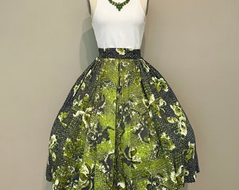 M-L Orchid batik print 1950s circle skirt with expandable elastic waist, cotton, green & navy tropical orchid print