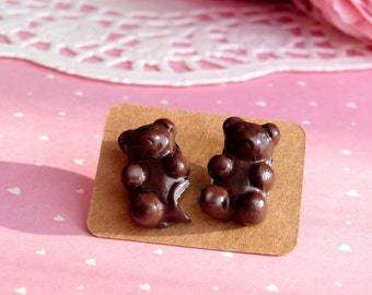 Boucles d'oreilles ourson au chocolat bijoux gourmands fimo