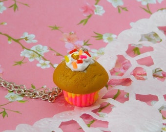 Collier cupcake gourmand rose néon bijoux fimo