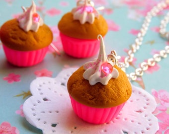 Collier cupcake gourmand rose néon bijoux fimo