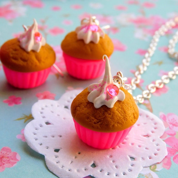 Collier cupcake gourmand rose néon bijoux fimo