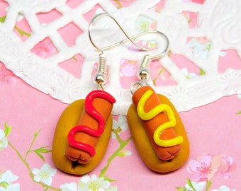 Boucles d'oreille hot dog moutarde et ketchup bijoux gourmands fimo