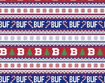 Buffalo Bills Fabric - Holiday Sweater by Paintbrush Fabrics.  (Sold by 1/2 yd)