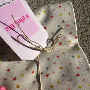 Puede incluir: Un paquete de tela atado con hilo, con un fondo crema adornado con un patrón de estrellas multicolores. Una etiqueta rosa con el texto "a pink life quilts" está adjunta.