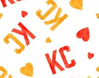 Chiefs KC Heart Toss, White - by Paintbrush Fabrics.  (Sold by 1/2 yd)