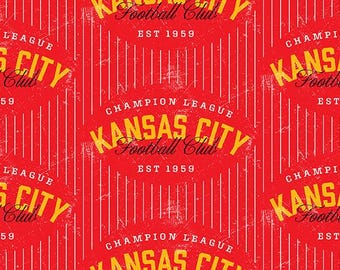 May include: A red and white striped background with a yellow and black logo that reads "Kansas City Football Club" and "Champion League". The logo is repeated throughout the pattern.