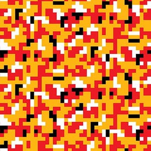 May include: A seamless pattern with a pixelated design in red, yellow, black, and white.