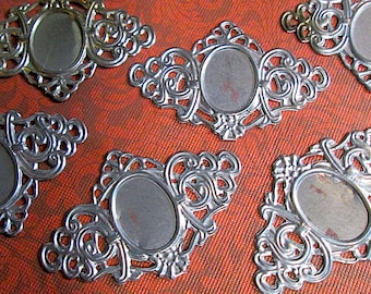 6 Vintage Pewter Tone Stampings, Cabochon Frame, 52mm x 34.75mm