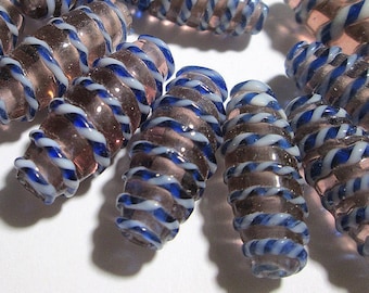 7 Vintage Handmade, Light Amethyst Glass Beads with Cobalt Blue and White Stripping, Lampwork