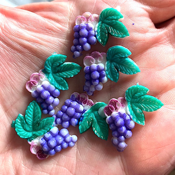 6 Vintage Purple Grape Cluster Mix, Early Plastic, Celluloid, Fruit Hand Painted Cabochons, Japanese, C8-13