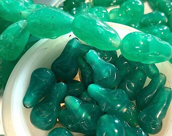 10 Semi-Transparent Sultry Green or Teal Nugget Teardrop Beads,   Glass Pinched  Japanese Beads. Approx. 16-17mm, Lt Gn D12-01