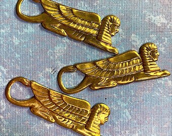 1 Vintage Egyptian Sphinx Pharaoh with Wings Brass Stamping – Art Deco Jewelry Finding, 52mm x 18mm
